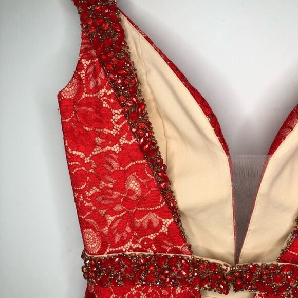 Fengye Loman Red Beaded Lace Floor Length  Prom Dress 8 - Picture 7 of 12